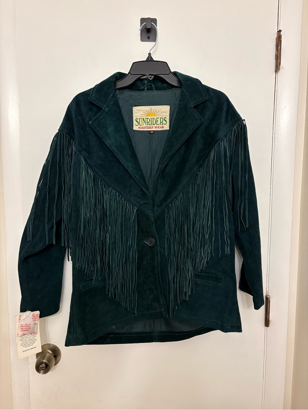 NWT VTG Sunriders Western Wear Emerald Green Suede Leather Fringe Jacket M